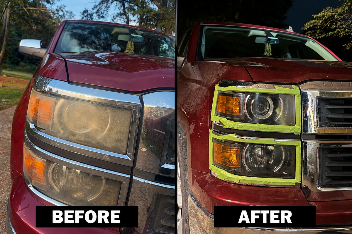 Technician polishing a headlight